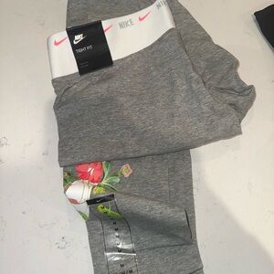 Nike Gray Leggings with Pink Floral Accent and White Waistband